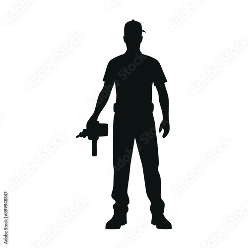 a labour worker stand with a machine stylish pose, stand with a drill machine, silhouette, solid color silhouette, isloated white background (35)