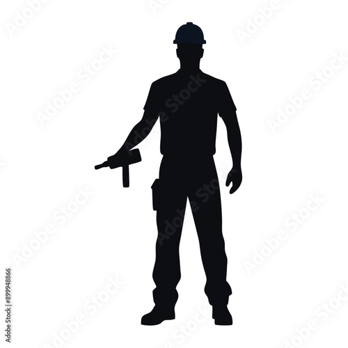 a labour worker stand with a machine stylish pose, stand with a drill machine, silhouette, solid color silhouette, isloated white background (35)