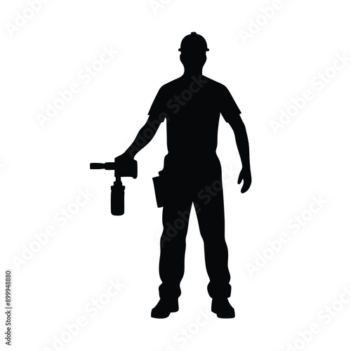 a labour worker stand with a machine stylish pose, stand with a drill machine, silhouette, solid color silhouette, isloated white background (35)