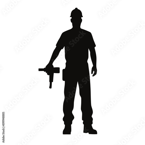 a labour worker stand with a machine stylish pose, stand with a drill machine, silhouette, solid color silhouette, isloated white background (35)