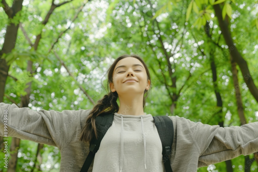 Young Woman Enjoying Nature Walk in Lush Green Forest with Open Arms and Backpack Young Woman Enjoying Nature Walk in Lush Green Forest with Open Arms and Backpack