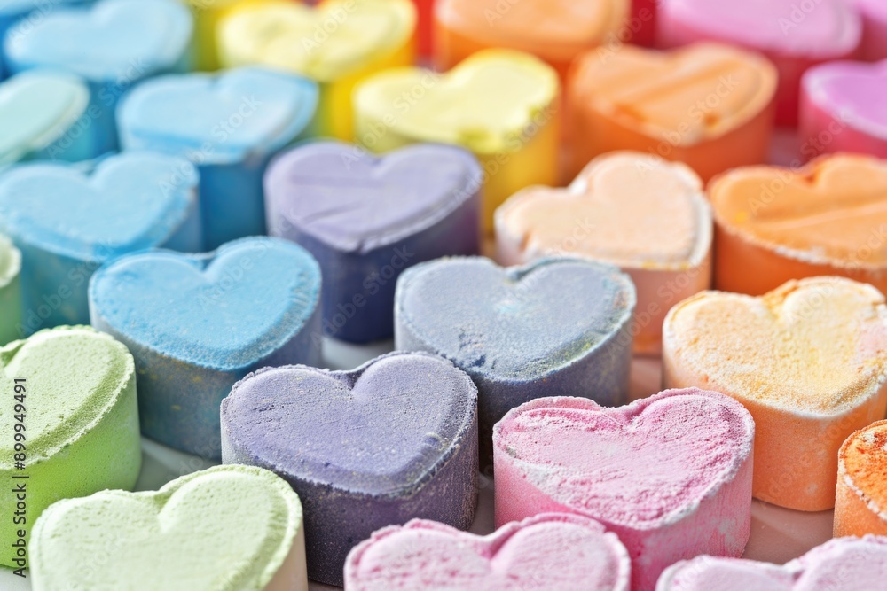Fototapeta premium Colorful Heart Shaped Chalks in Rows for Artistic and Educational Use