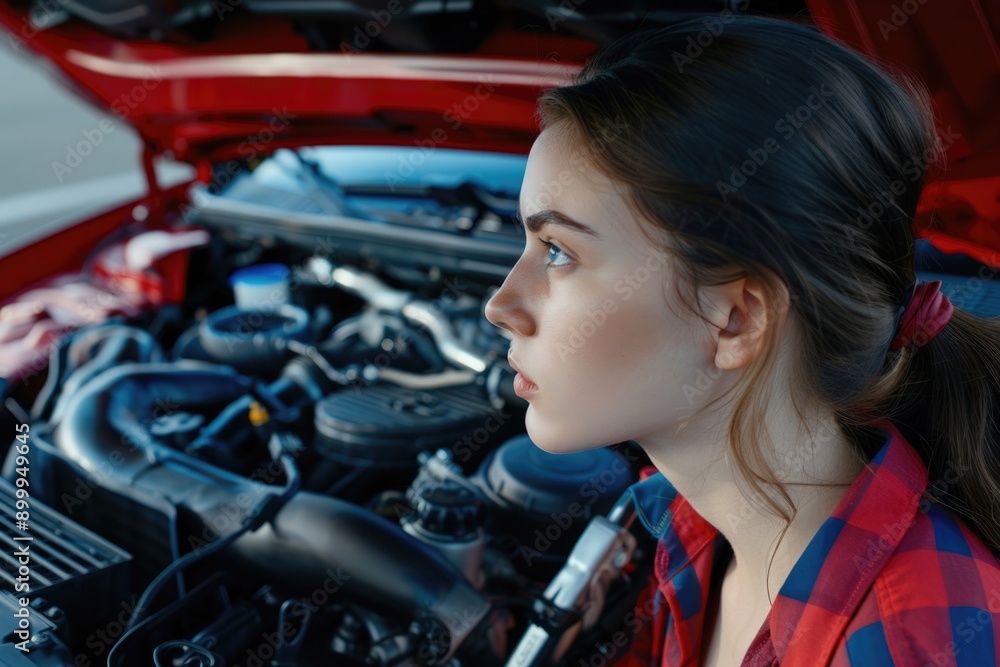 Young Woman Examining Car Engine in Red Vehicle for Maintenance and Repair Young Woman Examining Car Engine in Red Vehicle for Maintenance and Repair