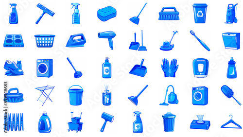 Set of Explanatory symbols and stickers: Blue Cleaning and Household Icons, Modern Style, Various Cleaning Tools and Appliances 