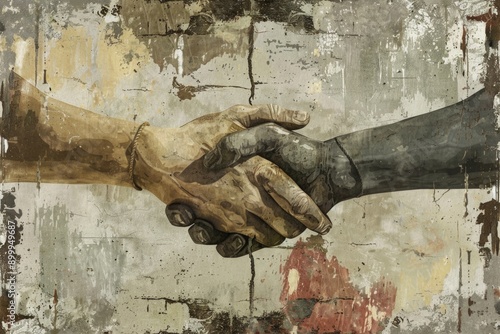 Artistic Grunge Handshake Painting on Abstract Background Highlighting Unity and Diversity photo