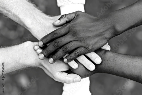 Unity in Diversity: Closeup of Diverse Hands Stacked Together in Black and White photo