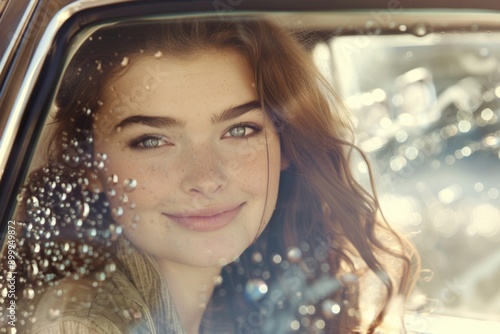 Smiling Woman With Freckles in RainDappled Car Window, Natural Beauty, Sunshine, Tranquil Moment photo