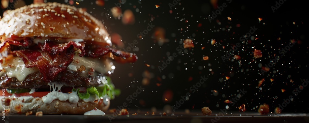 Juicy Gourmet Burger with Crispy Bacon and Lettuce Against Black Background Juicy Gourmet Burger with Crispy Bacon and Lettuce Against Black Background