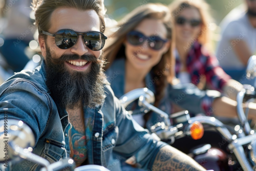 Group of Friends Riding Motorcycles in Sunlight Wearing Sunglasses and Smiling Outdoors Group of Friends Riding Motorcycles in Sunlight Wearing Sunglasses and Smiling Outdoors