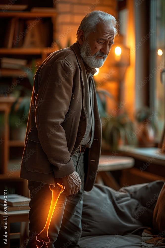 Obraz premium Elderly Man Contemplates Life in Warmly Lit Room While Observing Annotations on His Leg