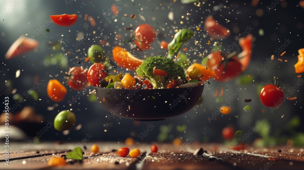 A dynamic image of various vegetables, including broccoli, tomatoes, and peppers, suspended in mid-air above a bowl. The dramatic lighting and dark background emphasize the vibrant colors and A dynamic image of various vegetables, including broccoli, tomatoes, and peppers, suspended in mid-air above a bowl. The dramatic lighting and dark background emphasize the vibrant colors and