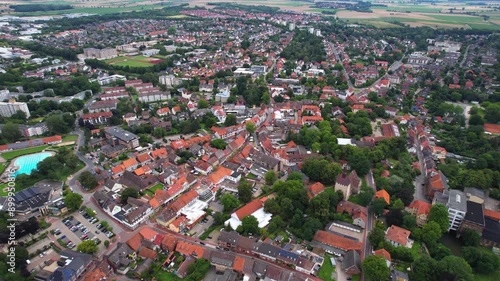 Aerial view of the downtown of the city Sarstedt in Germany on a sunny morning in summer photo