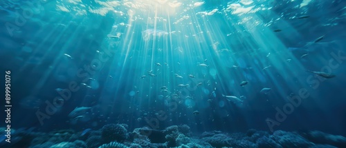 World Oceans Day is honored with sunlight filtering through a mesmerizing virtual ocean teeming with life, producing an ultramodern, supernatural scene, banner, with copy space