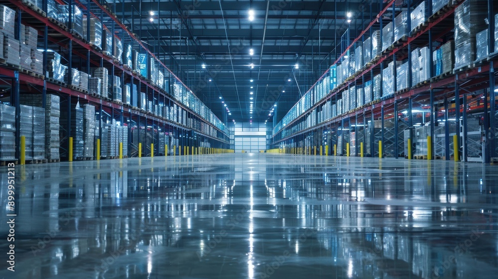Empty Warehouse Interior with Pallets of Goods on Shelves Empty Warehouse Interior with Pallets of Goods on Shelves