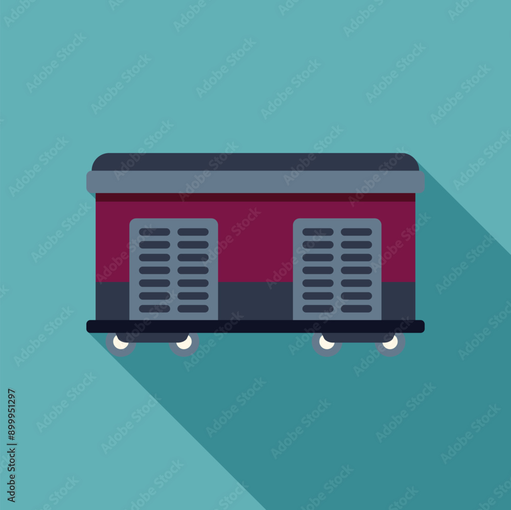 Passenger train car running on railroad track icon in flat style on a turquoise background Passenger train car running on railroad track icon in flat style on a turquoise background