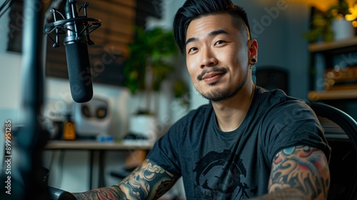 A young cheerful guy of Asian appearance, with a beard and tattoos on his arms. A guy with a microphone hosting a podcast with a smile on his face. photo