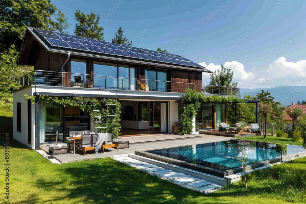 Modern house with solar panels and pool Modern house with solar panels and pool
