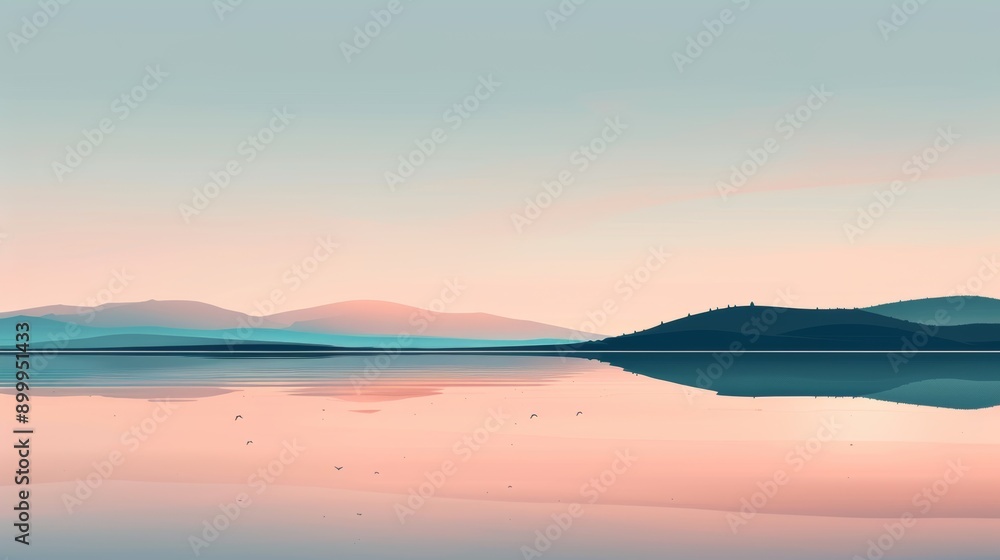 Serene Landscape of a Tranquil Lake Reflecting Mountains at Sunrise