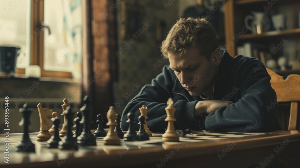 A young man deep in thought over a chess game. He sits at a table on which there is a chessboard with pieces. The guy is focused and immersed in his thoughts, trying to find the best move. A young man deep in thought over a chess game. He sits at a table on which there is a chessboard with pieces. The guy is focused and immersed in his thoughts, trying to find the best move.