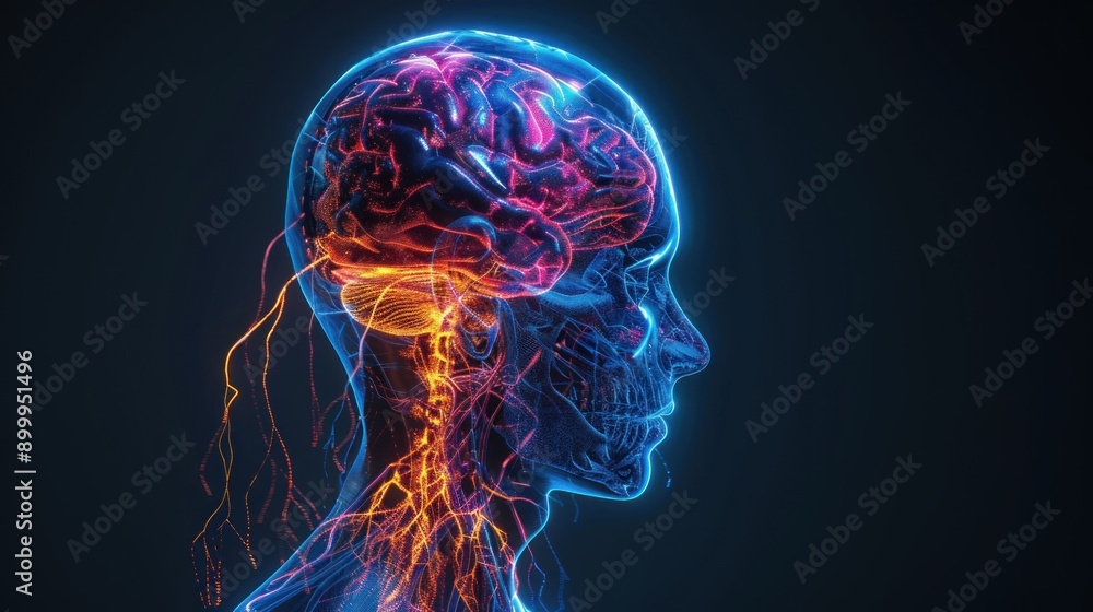 A glowing digital rendering of a human head with a detailed brain and spinal cord A glowing digital rendering of a human head with a detailed brain and spinal cord