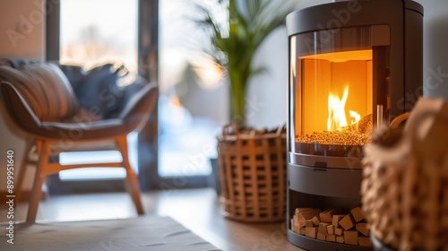 Close-up of a room with a pellet stove for heating.