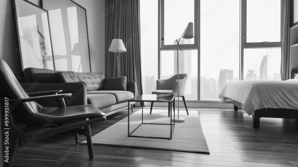 A modern living room with a city view featuring a sofa armchair coffee table and rug A modern living room with a city view featuring a sofa armchair coffee table and rug