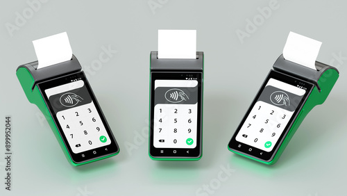 Fotografía Contactless payment by credit card and mobile phone banking empty screen through the terminal 3d rendering on isolated white backround