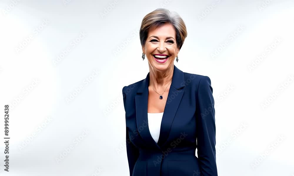 Lifestyle portrait video of a happy Brazilian woman in her 50s wearing a sleek suit against a white background Lifestyle portrait video of a happy Brazilian woman in her 50s wearing a sleek suit against a white background