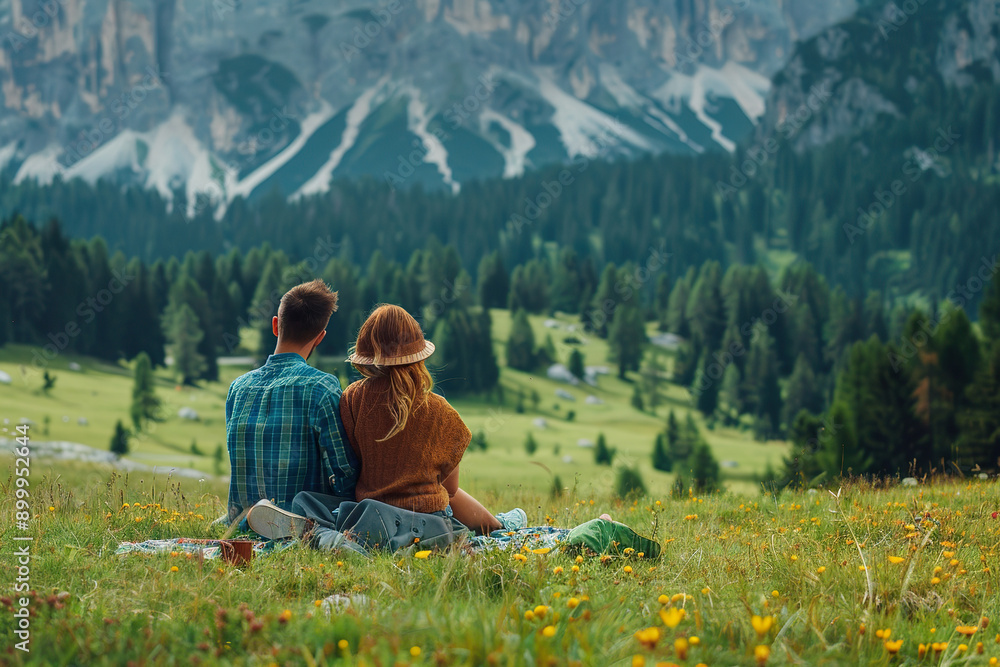 A couple is sitting on a grassy hillside overlooking a beautiful mountain range. A couple is sitting on a grassy hillside overlooking a beautiful mountain range.