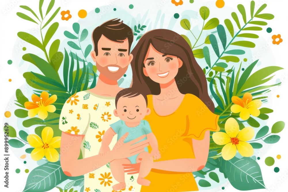 Playful cartoon family with baby in a floral background vibrant colors flat design highlighting joy and unity in a cheerful loving setting Playful cartoon family with baby in a floral background vibrant colors flat design highlighting joy and unity in a cheerful loving setting