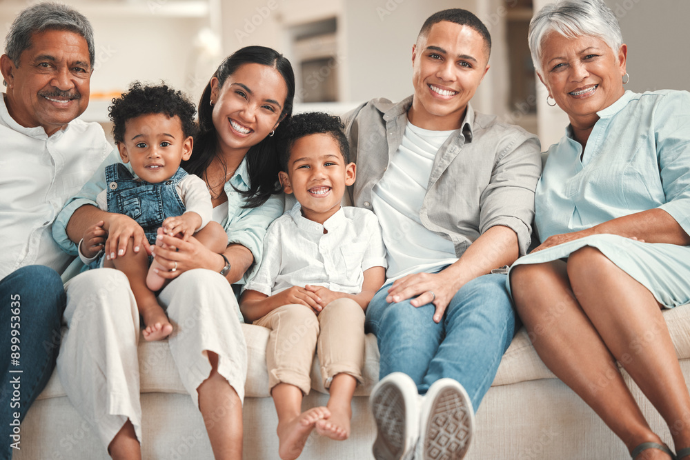 Generations, family and smile in home at living room on portrait for fun, support and care. People, visit and happy on sofa for bonding with siblings for childcare or child development on break Generations, family and smile in home at living room on portrait for fun, support and care. People, visit and happy on sofa for bonding with siblings for childcare or child development on break