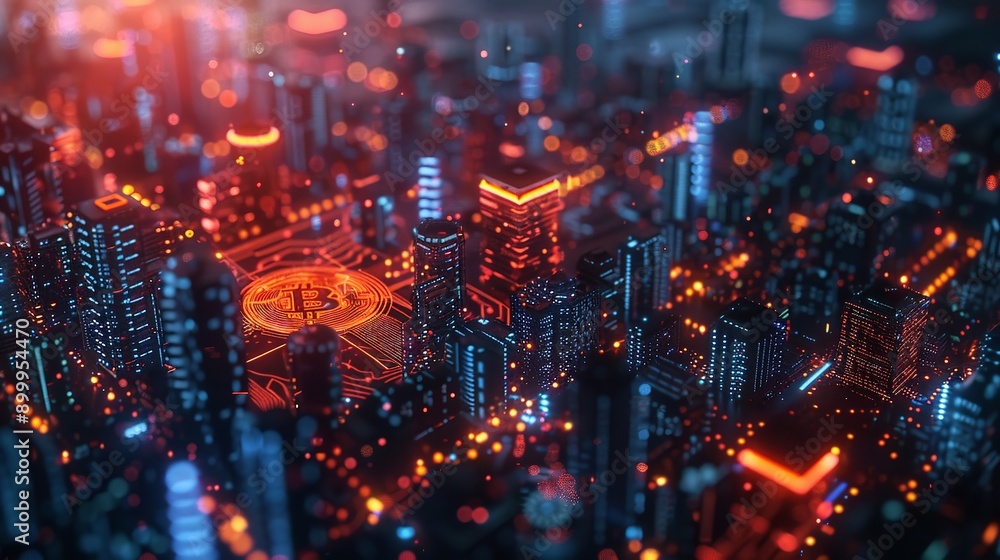 Glowing computer chip in the middle, lit up with neon lights and the chip is glowing in the center. Concept of technology and urban life Glowing computer chip in the middle, lit up with neon lights and the chip is glowing in the center. Concept of technology and urban life