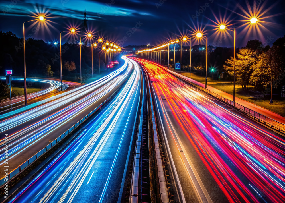 Obraz premium Vibrant colorful light trails streak across the dark highway as cars speed by on a busy night, creating a mesmerizing abstract blur of motion and energy.
