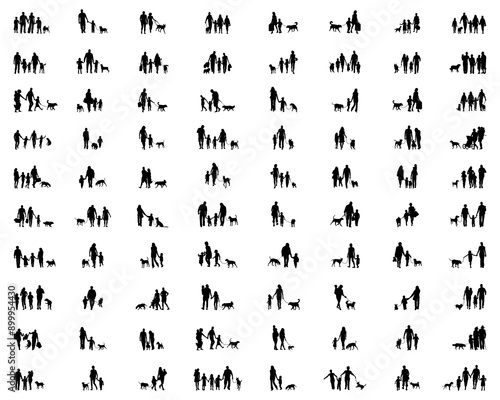 Black silhouettes of family in walking on a white background