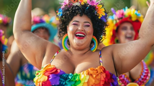 Plus-size model in festival attire, vibrant crowd, body positivity, celebration