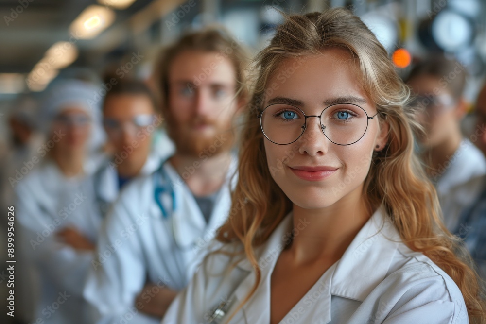 A confident female scientist with glasses smiling, standing at the forefront with her lab coat on and a diverse team of colleagues behind her, in a bustling modern laboratory environment. A confident female scientist with glasses smiling, standing at the forefront with her lab coat on and a diverse team of colleagues behind her, in a bustling modern laboratory environment.