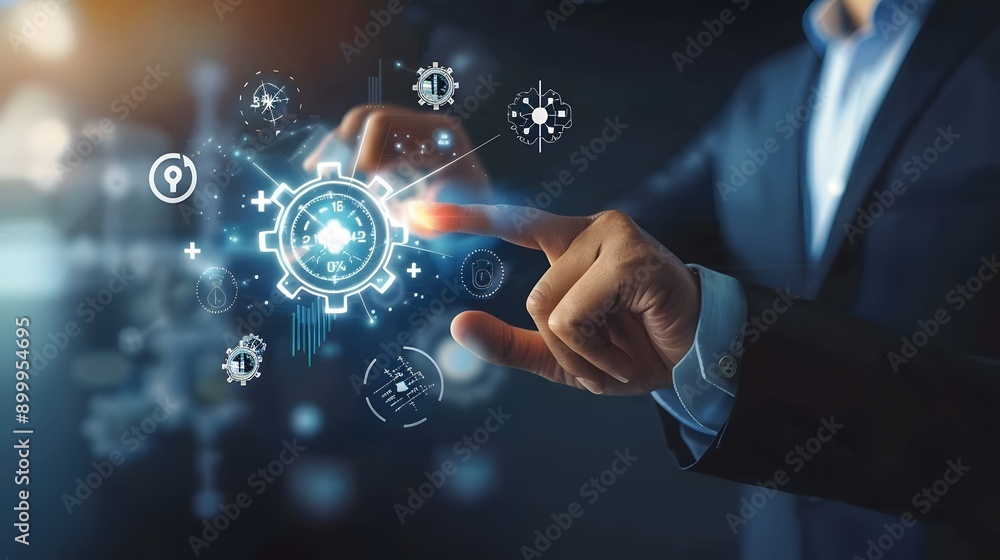 A business leader activating virtual quality control and automation interface A business leader activating virtual quality control and automation interface