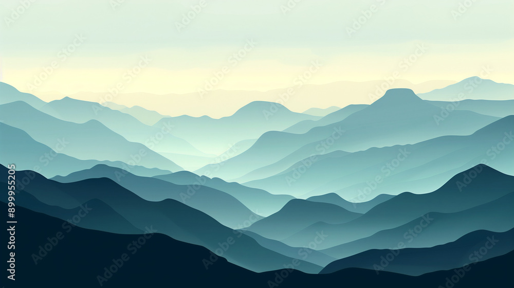 Obraz premium Minimalist mountain landscape in soft blue gradients.