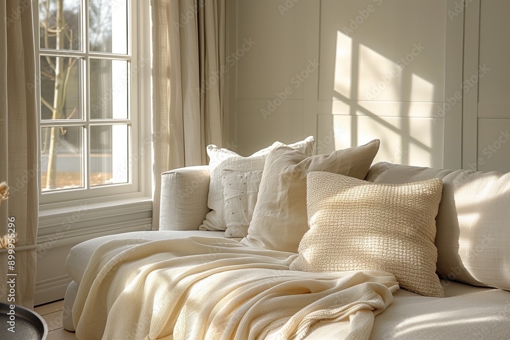 A cozy corner of a sunlit living room features a comfortable sofa draped with soft beige pillows, placed next to a large window with light curtains filtering the natural daylight. A cozy corner of a sunlit living room features a comfortable sofa draped with soft beige pillows, placed next to a large window with light curtains filtering the natural daylight.