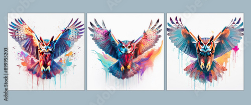 Fliegende Eule bunt im Aquarell Technik