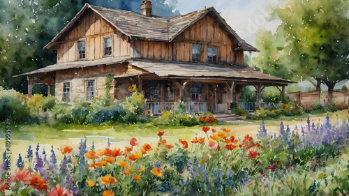 Wooden chalet in the forest oil painting. Generative AI