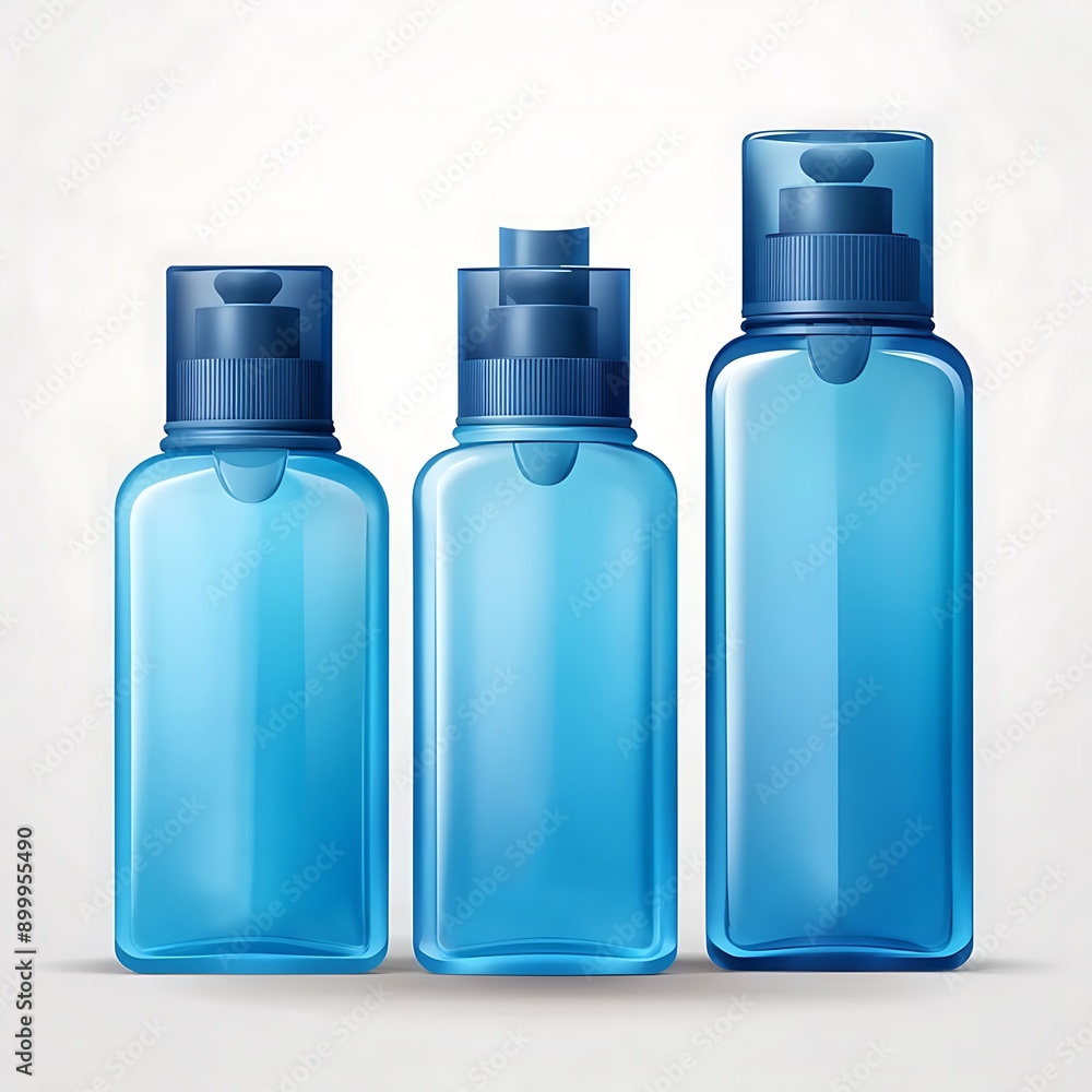 three blue bottles with blue caps on a white background three blue bottles with blue caps on a white background