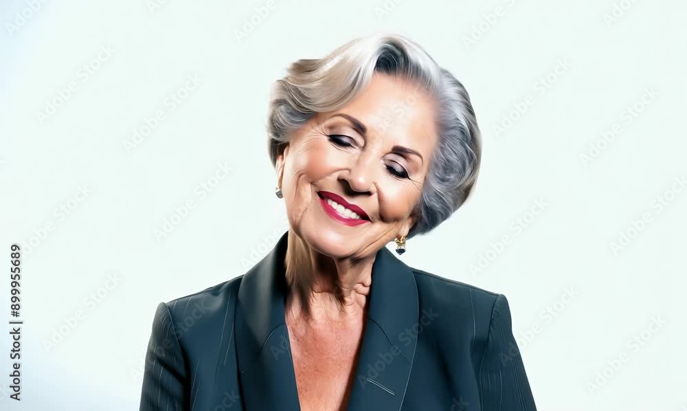 Lifestyle portrait video of a happy Russian woman in her 60s wearing a sleek suit against a white background Lifestyle portrait video of a happy Russian woman in her 60s wearing a sleek suit against a white background