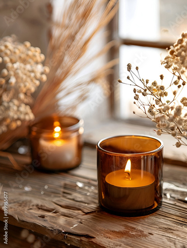 Hand made candles at glass jars, soft atmosphere, on the table, soy wax candles