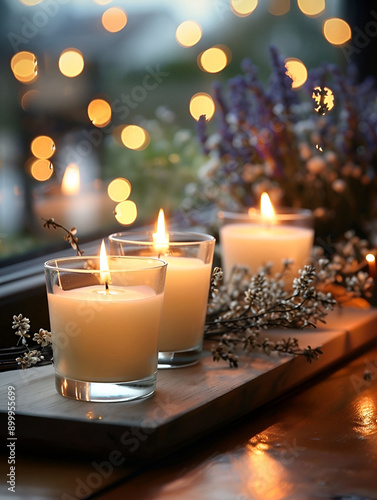 Hand made soy wax candles at the window