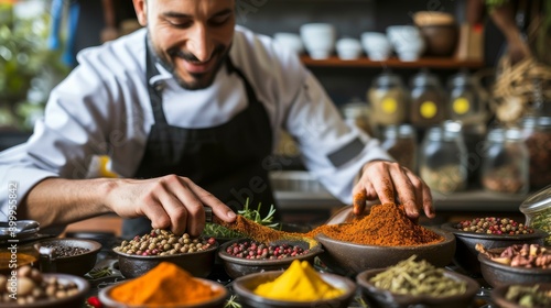 A smiling chef in a black apron arranges various colorful spices in small bowls on a kitchen counter. The vibrant colors and organized display of spices highlight the chef's attention to detail and