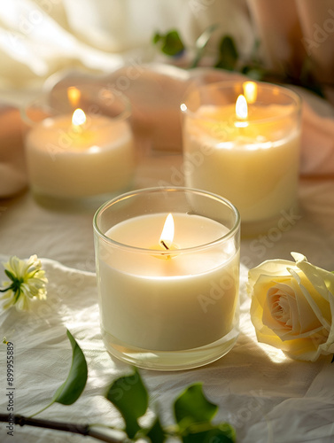 Hand made candles at glass jars, soft atmosphere, on the table, soy wax candles