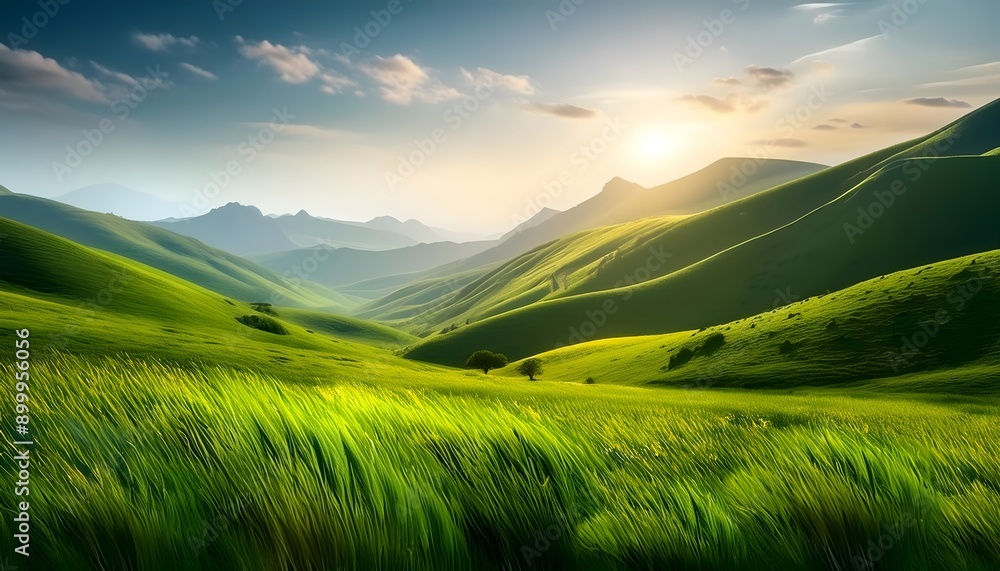 Obraz premium breathtaking green hills and valleys under a serene sky at sunrise, showcasing the beauty of nature's landscapes and the tranquility of the countryside