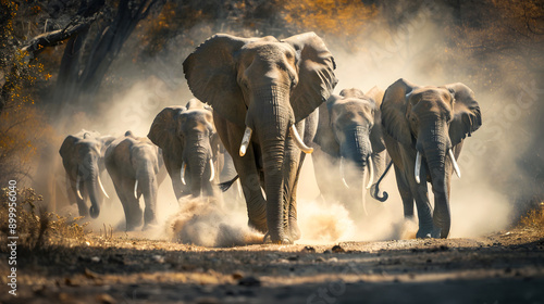 Majestic herd of gray elephants charging through a billowing cloud of dust their massive bodies and powerful trunks cutting through the savanna landscape in an awe inspiring display of wildlife