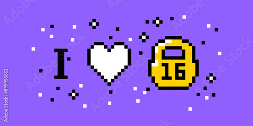 Love training and fitness concept in pixel art 8 bit design. Composition with pixels kettlebell weight. Healthy life style. Y2k trendy playful sticker. Mood of 90's aesthetics. Simple geometric form.